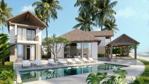 Elegant tropical villa with a private pool, palm trees, and ocean view.